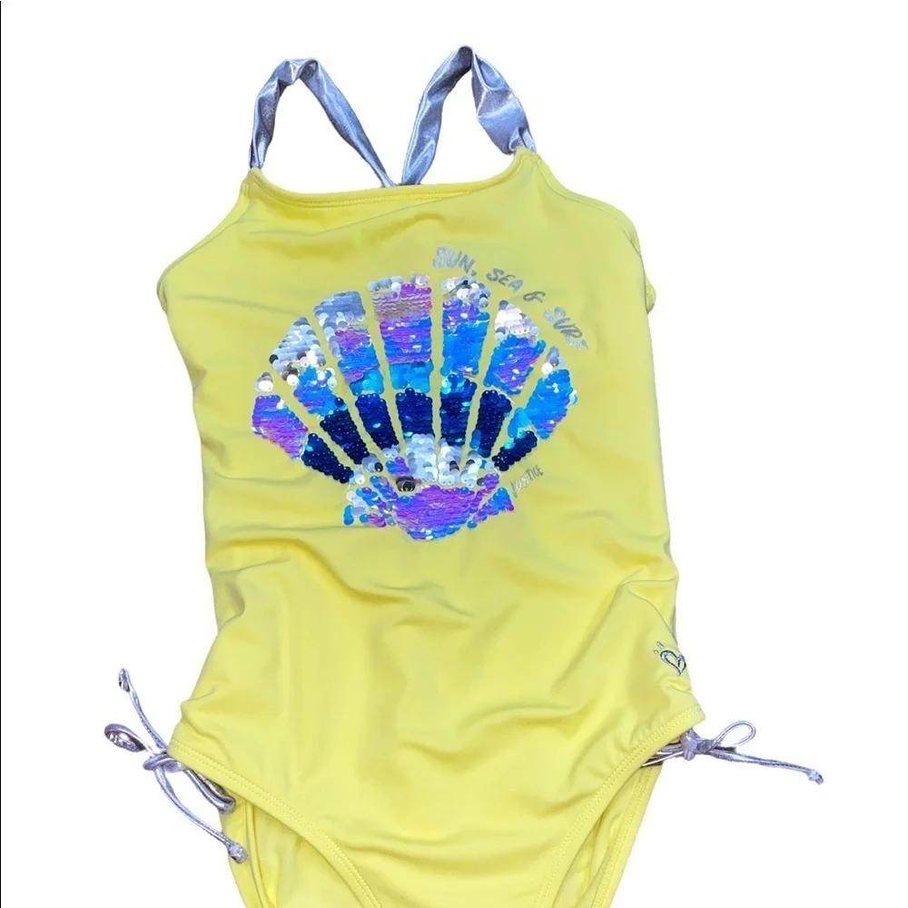 Justice yellow one piece swimsuit sequin shell Sun sea and surf size 16